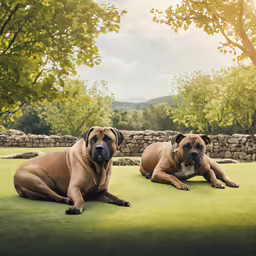 two large dogs lying in the grass next to some trees