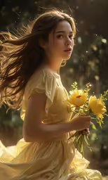 a woman wearing a yellow dress with flowers in her hands