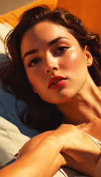 an image of woman lying in bed on top of blanket,the woman in a beige top is lying on the bed