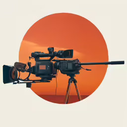 the lens on the tripod is reflected in the circular picture