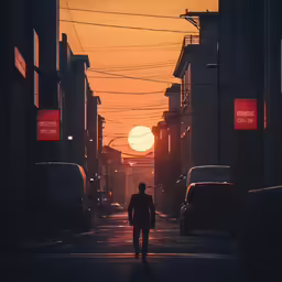man walking down street toward cars during sunset