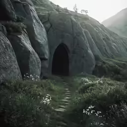 an underground area with rock formations in the background