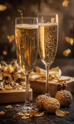 two wine glasses with champagne being poured in them