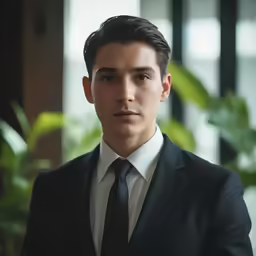 a man in a suit with a plant