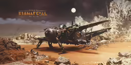 a large airplane sitting on top of a rocky field