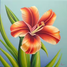 an image of a red flower painting on blue,a painting with a large orange flower on it,painting of a orange flower with large green leaves,a close up of a painting of a red flower,a red and orange flower on a blue background