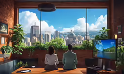 two people sitting at a desk in a room with a view of the city