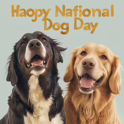 two dogs have their heads turned toward the camera, and a blue background says happy national dog day
