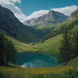 the trees on the side of the water is green and blue