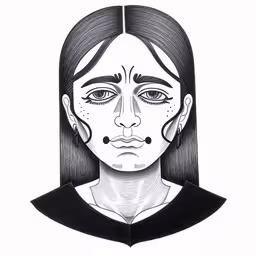 the face of an adult with long black hair and freckled eyes, looking to the side,a pencil drawing of a woman with long black hair,an illustrated drawing of a girl with black makeup,a drawing by person of a woman
