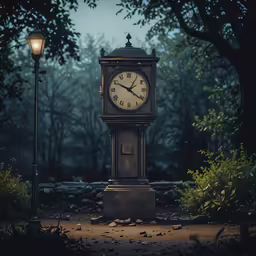 a large clock on a sidewalk near a lamp post