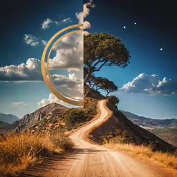an intersection of a dirt road and a tree