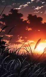 a sunset shines behind tall grasses in the foreground