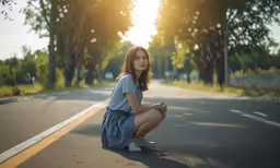 a little girl squatting down on the side of a street
