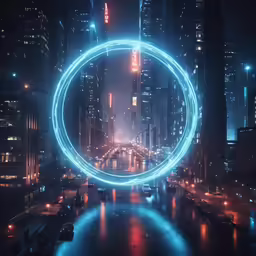 the city is lit up with blue lights