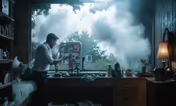 there is a man that is standing in front of the window