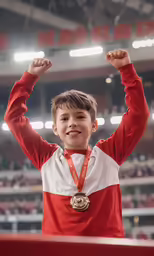 a young boy raises his arms in celebration
