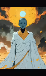 a woman in white and yellow with an orange sun behind her