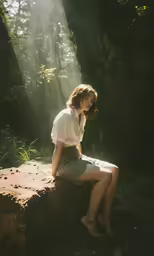 a woman sitting on a log near some trees