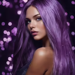 a woman with purple hair standing in front of lights