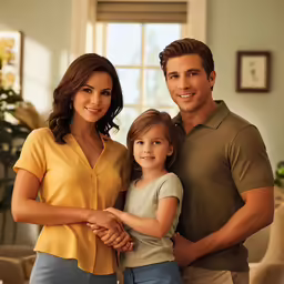 a beautiful young lady in yellow standing next to a man and a little boy