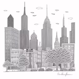a drawing of a large city with skyscrapers,an architectural drawing of a city,a drawing of some buildings in the distance,the skyscrapers of chicago, illinois are shown in black and white,a pencil drawing of an urban city
