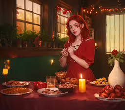 there is a woman sitting at the table surrounded by food,a woman is standing next to a table full of food