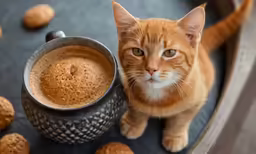 a cat sitting next to a cup of coffee