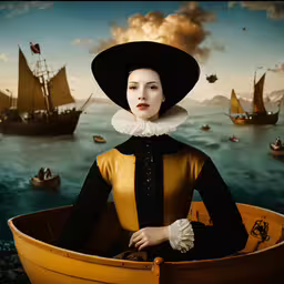 a woman is in the center of an elaborate painting,a woman sitting in a boat on the water