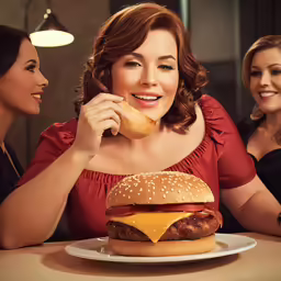 two women are talking with each other while eating hamburgers