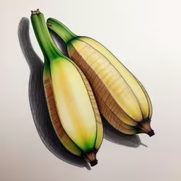 two ripe bananas with a green stem and two brown spots,an artist