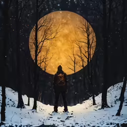 a man stands in front of the full moon, while holding a camera