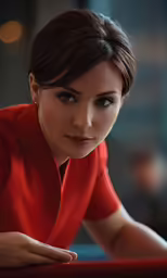 woman in red looking over a table at something