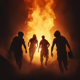 three people walking away from a fire that has been lit up