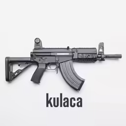 a close up shot of a rifle on a white background