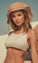 a woman in a white bikini wearing a tan hat