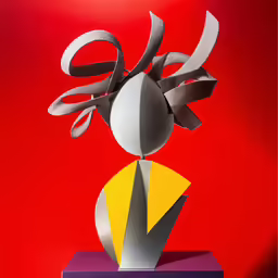 an abstract sculpture on a red and purple stand