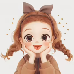 a young girl in a brown jacket with her hand on her chin