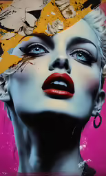 a painting of a woman wearing red lipstick and a black dress