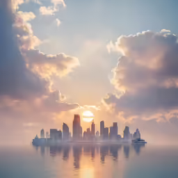 a view of the skyline of a city at sunset