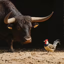 a black and white cow and a chicken are in an open area