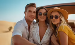three friends sitting on the back of a car in the desert