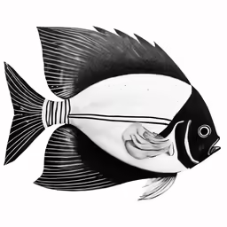 a drawing of a black and white fish