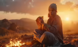 a woman sitting in front of an open fire at sunset