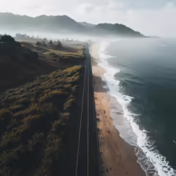 an aerial view of train tracks running along the beach