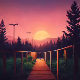 a painting of a person walking across a wooden bridge,painting of a boardwalk leading towards the sunset