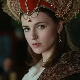 a close up of a woman wearing a costume