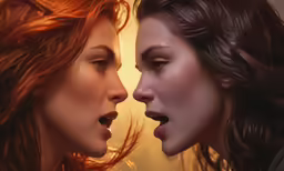 two beautiful women stand close to each other with their mouths open
