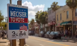 a political sign stands near the street with pedestrians