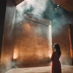 a woman is standing in front of an open door
